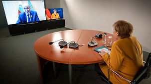 Chancellor Angela Merkel during the video conference with Slovenian Prime Minister Janez Janša