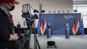 Chancellor Angela Merkel at a joint press conference with Iraqi Prime Minister Mustafa al-Kadhimi