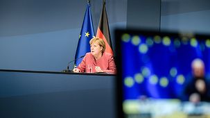 Bundeskanzlerin Angela Merkel während einer Videokonferenz.