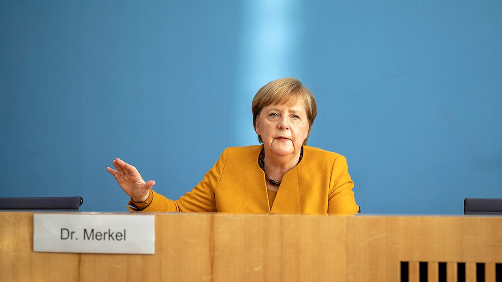 Bundeskanzlerin Angela Merkel während einer Pressekonferenz zur Corona-Pandemie.
