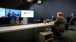 Chancellor Angela Merkel in a video conference with Jean Castex, the French Prime Minister