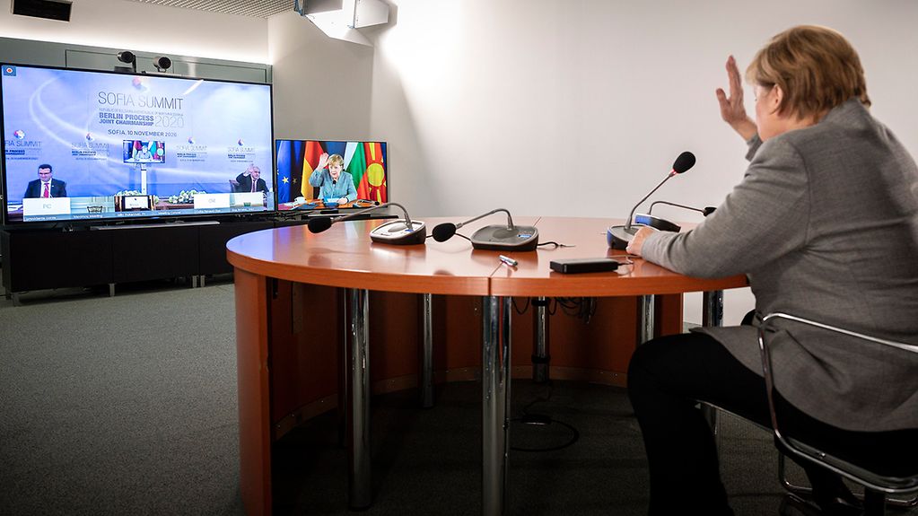 Chancellor Angela Merkel during a video conference with North Macedonian Prime Minister Zoran Zaev and Bulgarian Prime Minister Boyko Borisov