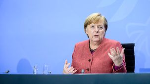 Chancellor Angela Merkel during a press conference, following her meeting with state premiers