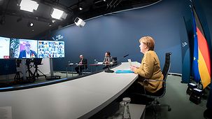 Chancellor Angela Merkel at the video conference that was the 4th top-level meeting of Concerted Action for Mobility