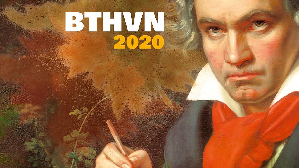 Ein Gemälde, auf dem Ludwig van Beethoven abgebildet ist, außerdem ist das Logo des Beethoven-Jahres zu sehen