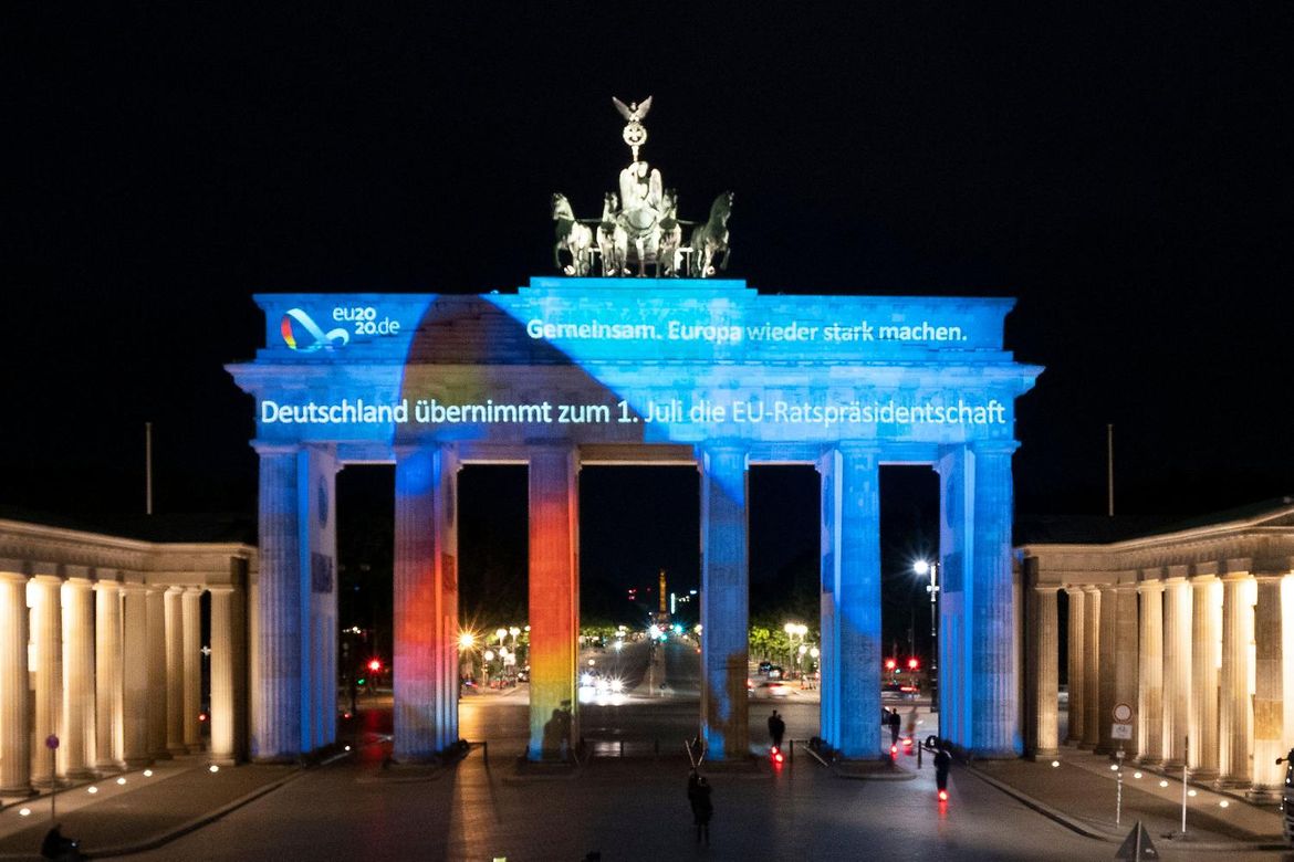 The Brandenburg Gate is illuminated to mark the start of Germany's 2020 Presidency of the Council of the European Union.