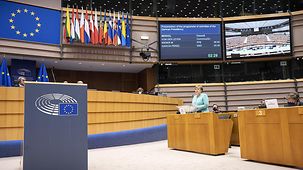 Chancellor Angela Merkel speaks in the debating chamber of the European Parliament at the start of Germany's Presidency of the Council of the European Union (at top left David Maria Sassoli, President of the European Parliament).