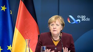 La chancelière fédérale Angela Merkel pendant une vidéoconférence du Conseil européen