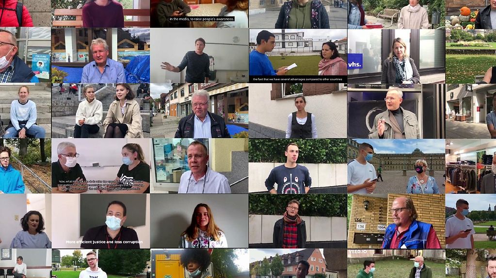 Eine Collage von vielen Standbildaufnahmen aus Videointerviews mit Bürgerinnen und Bürgern aus Deutschland, Portugal und Slowenien.
