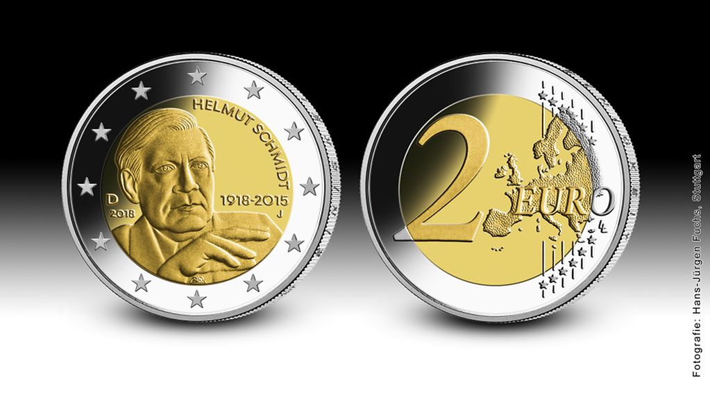 Zwei 2-Euro-Gedenkmünze Helmut Schmidt mit Vorder- und Rückseite