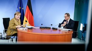 Chancellor Angela Merkel during the meeting with the premiers of the federal states to discuss the next steps to contain the pandemic