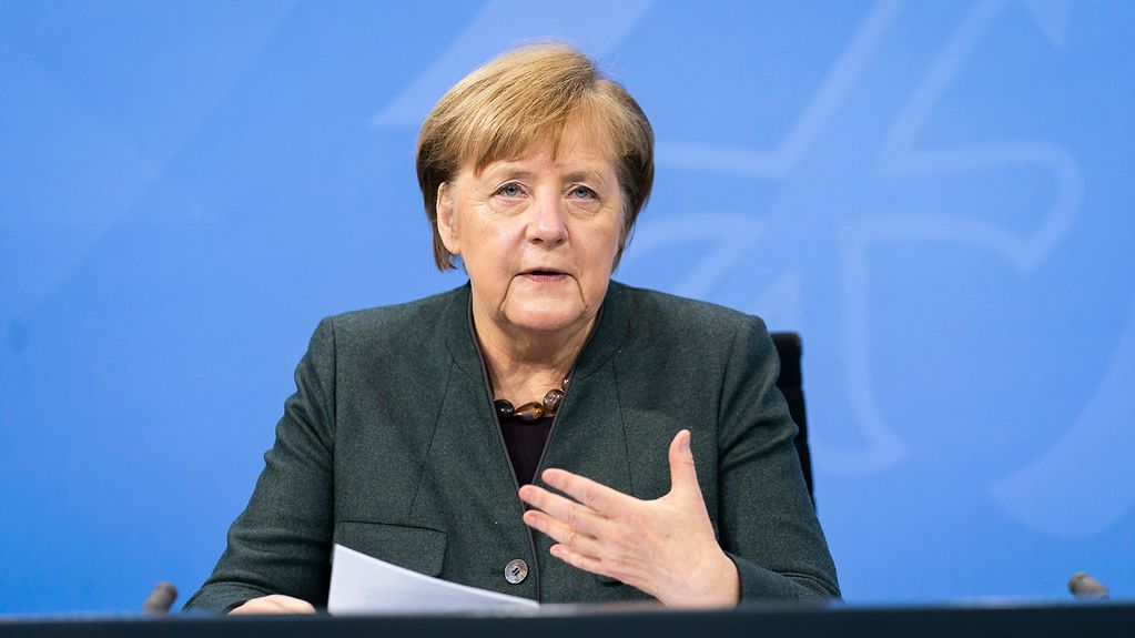 Chancellor Angela Merkel at the press conference following the consultations between federal and state governments