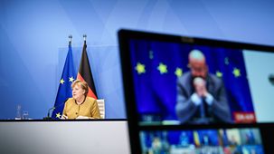 Bundeskanzlerin Angela Merkel bei einer Videokonferenz des EU-Rats.