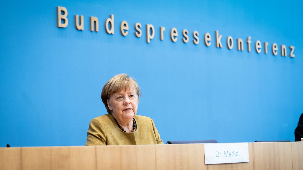 Chancellor Angela Merkel at the press conference on the latest response to the pandemic