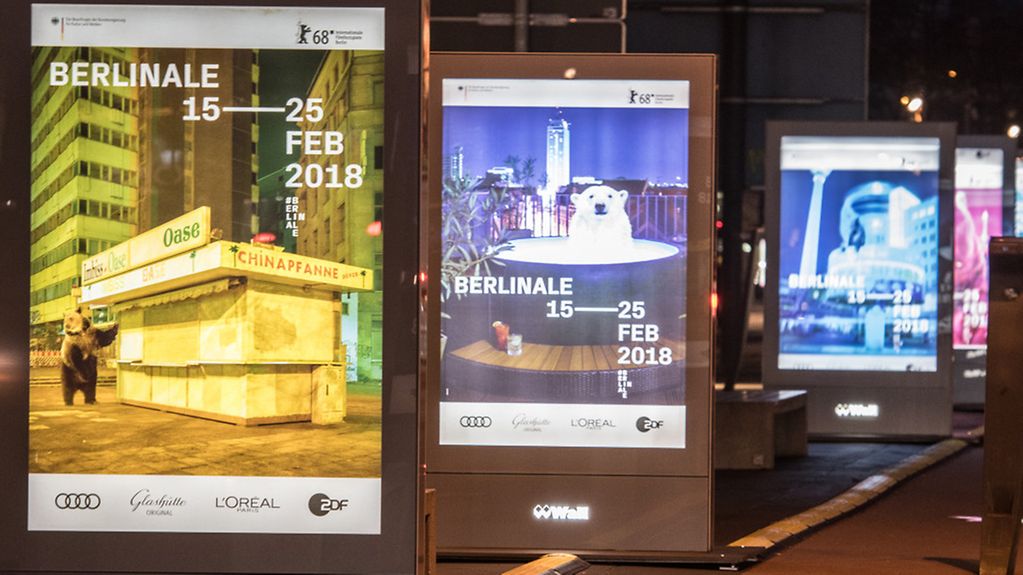 06.02.2018, Berlin: Posters advertising the Berlinale, Berlin's International Film Festival (15 - 25 February 2018) light up the city's Potsdamer Platz.