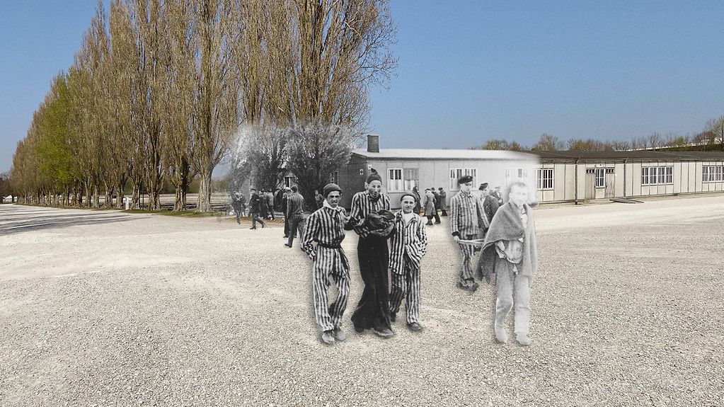 Photo montage of prisoners supporting one another on the parade ground of the concentration camp in Dachau