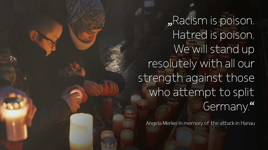 The photo shows two young people in the dark holding candles; behind them many candles shine. Beside them is a quote from Angela Merkel. (More information available below the photo under ‚detailed description‘.)