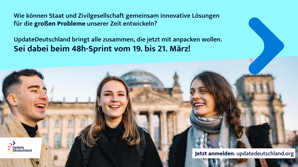 Aufruf zur Beteiligung beim Innovationsprogramm UpdateDeutschland, Junge Menschen vor dem Bundestag