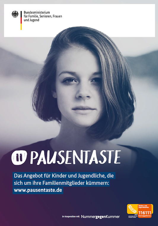 Titelbild der Publikation "Pausentaste - Plakat - Motiv Mädchen - Das Angebot für Kinder und Jugendliche, die sich um ihre Familienmitglieder kümmern: www.pausentaste.de"