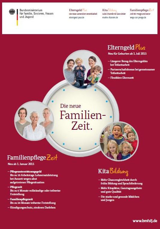 Titelbild der Publikation "Die neue Familien-Zeit - ElterngeldPlus - FanilienpflegeZeit - KitaBildung"