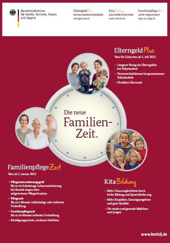 Titelbild der Publikation "Die neue Familien-Zeit - ElterngeldPlus - FanilienpflegeZeit - KitaBildung"