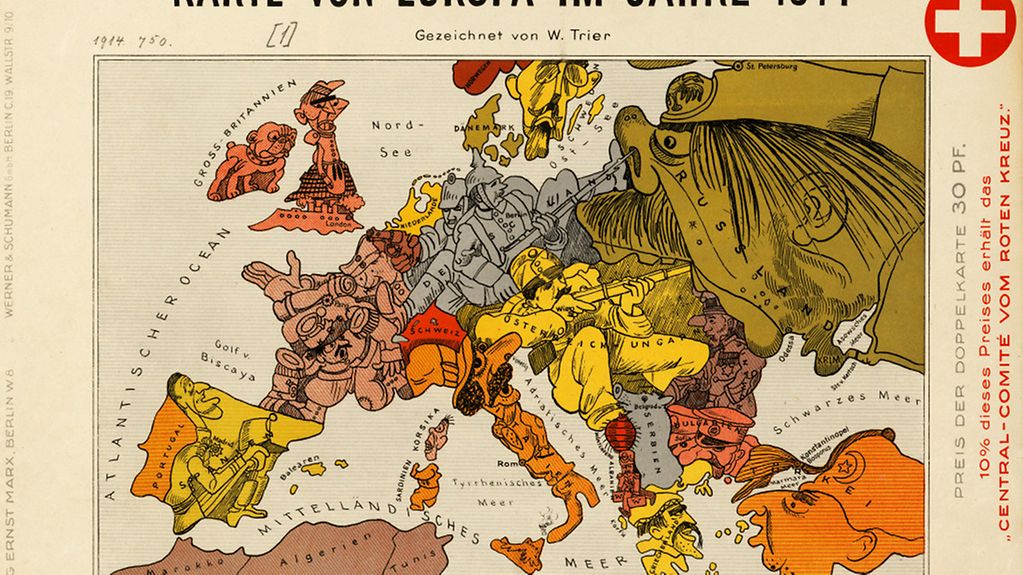 Walter Trier: Karte von Europa im Jahre 1914.Die von Walter Trier (1890-1951) gezeichnete satirische Karte Europas erschien 1914 zusammen mit dem Neudruck einer "Karte von Europa im Jahre 1870" des französischen Karikaturisten Paul Hadol (1835-1875). …