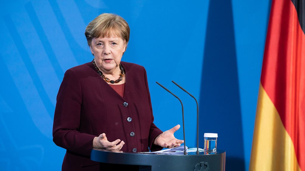 Kanzlerin Merkel bei der Pressekonferenz nach ihrem Impfgespräch mit den Regierungschefinnen und -chefs der Länder.