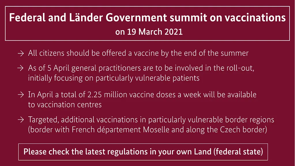 This is what the Federal and Länder Governments agreed at their vaccination summit on 19 March 2021. Details can be found below under the detailed description. 