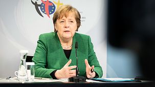 Chancellor Angela Merkel attends the Council of Europe's Parliamentary Assembly via a video link.