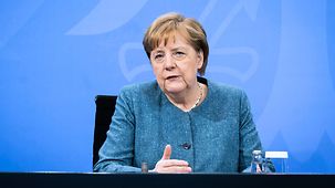 Chancellor Angela Merkel speaks at the press conference following her meeting with the Heads of Government of the Länder to discuss the pandemic.