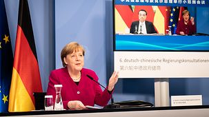 Chancellor Angela Merkel in her meeting with Li Keqiang, China's Prime Minister, as part of the Sino-German government consultations