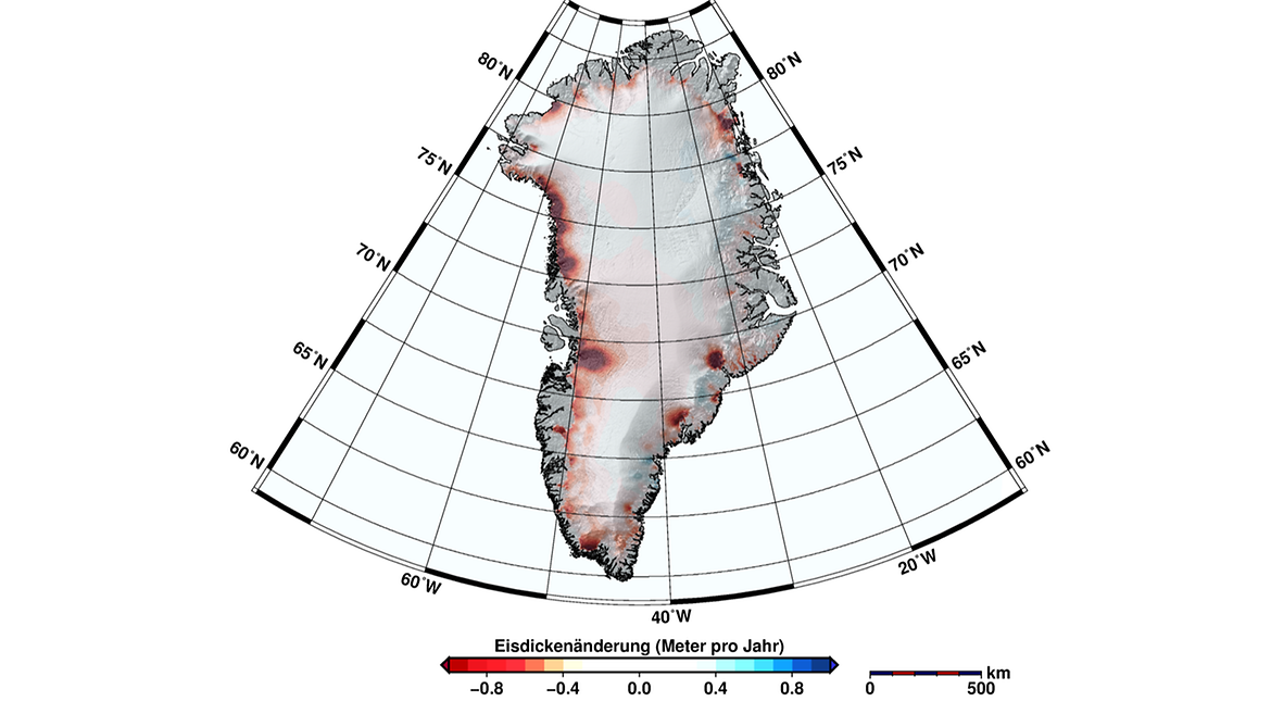 Eine Grafik von Grönland die zeigt, dass die Eisdicke an den Rändern von Grönland abnimmt.