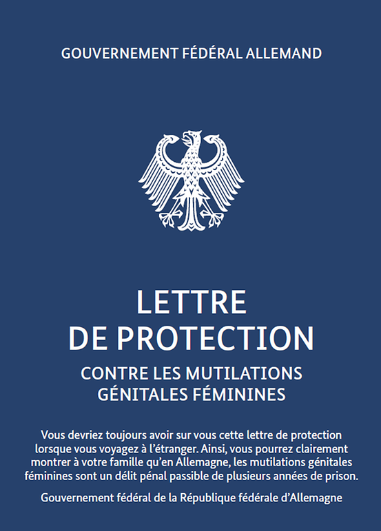 Titelbild der Publikation "Schutzbrief gegen weibliche Genitalverstümmelung - französische Version"