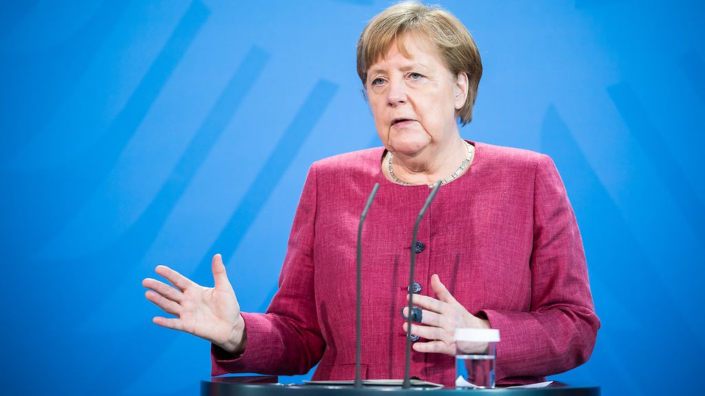 La chancelière fédérale Angela Merkel lors de la conférence de presse du Sommet mondial de la santé