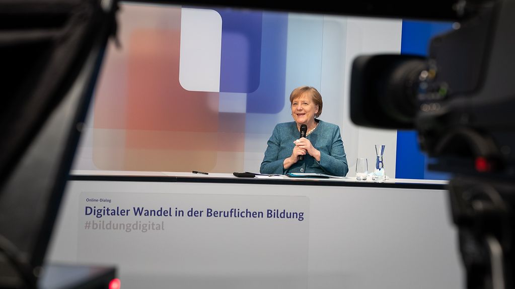 Chancellor Angela Merkel at the Federal Chancellery during the online dialogue on digitalisation in technical and vocational education and training