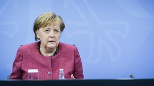 Chancellor Angela Merkel at the press conference following her meeting with the Heads of Government of the Eastern Länder