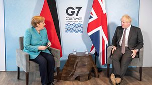 Bundeskanzlerin Angela Merkel beim G7-Gipfel mit dem britischen Premierminister Boris Johnson.
