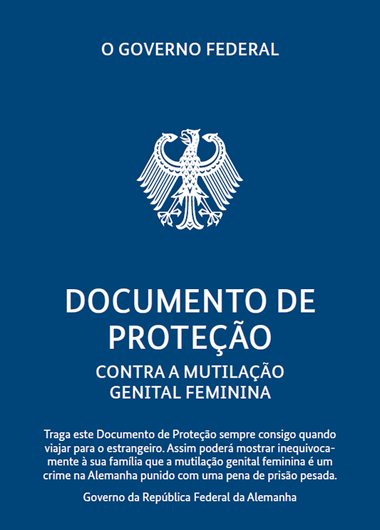 Titelbild der Publikation "Schutzbrief gegen weibliche Genitalverstümmelung - portugiesische Version"