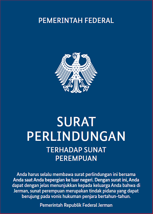 Titelbild der Publikation "Schutzbrief gegen weibliche Genitalverstümmelung - Sprache: Indonesisch"