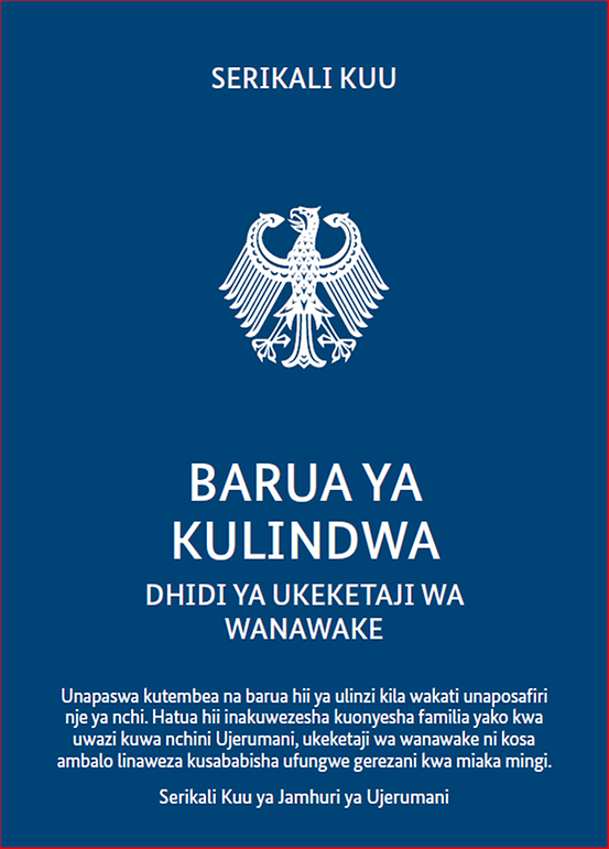 Titelbild der Publikation "Schutzbrief gegen weibliche Genitalverstümmelung - Sprache: Swahili"