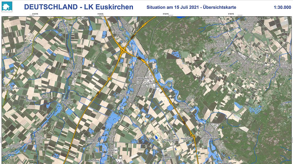 Karte zeigt die Hoch­was­ser­si­tua­ti­on des Land­krei­ses Eus­kir­chen.