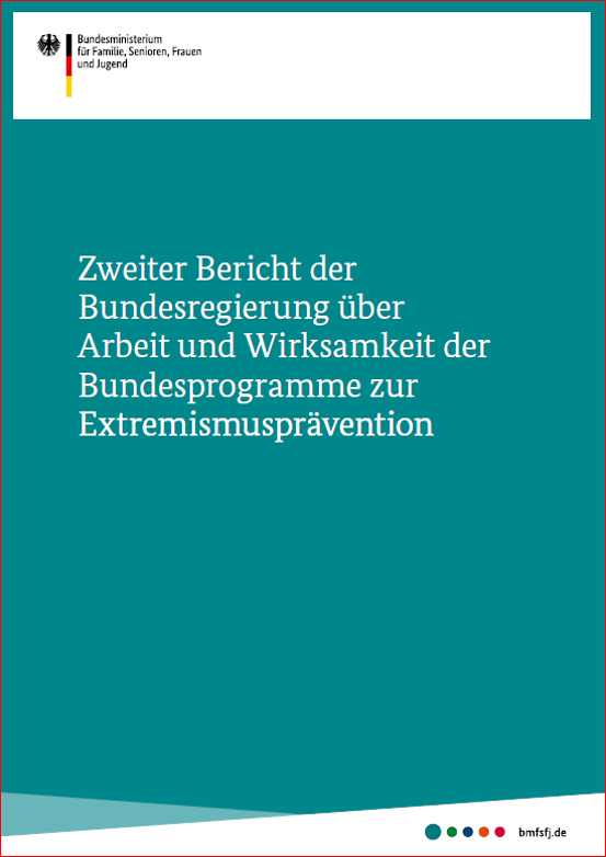 Titelbild der Publikation "Zweiter Bericht der Bundesregierung über Arbeit und Wirksamkeit der Bundesprogramme zur Extremismusprävention"