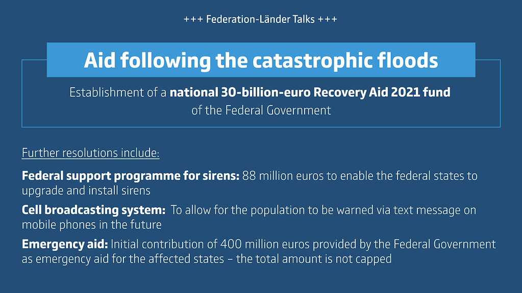 The graphic shows the headline “Aid following the catastrophic floods” (More information available below the photo under ‚detailed description‘.)