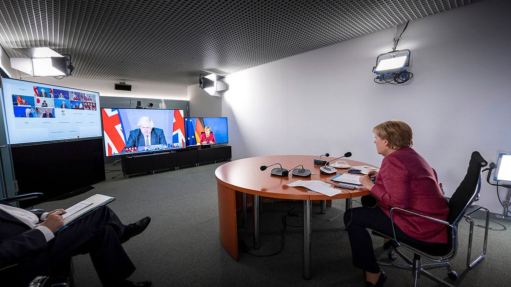 Kanzlerin Merkel nimmt vom Kanzleramt aus an der Videokonferenz der G7-Staats- und Regierungschefs teil.
