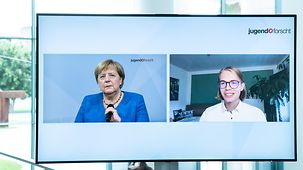 Federal Chancellor Angela Merkel in conversation during the video conference with the winners of the 56th “Jugend forscht” 2021 national competition.