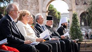 Federal Chancellor Angela Merkel speaks at the closing celebrations of an ecumenical prayer for peace at the Sant’Egidio community.