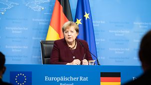 Federal Chancellor Angela Merkel at the final EU Council meeting press conference.