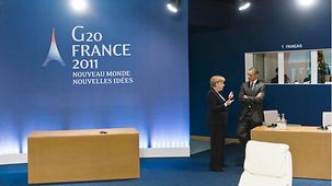 Bundeskanzlerin Angela Merkel beim Treffen der G20 im Gespräch mit dem damaligen US-Präsidenten Barack Obama.