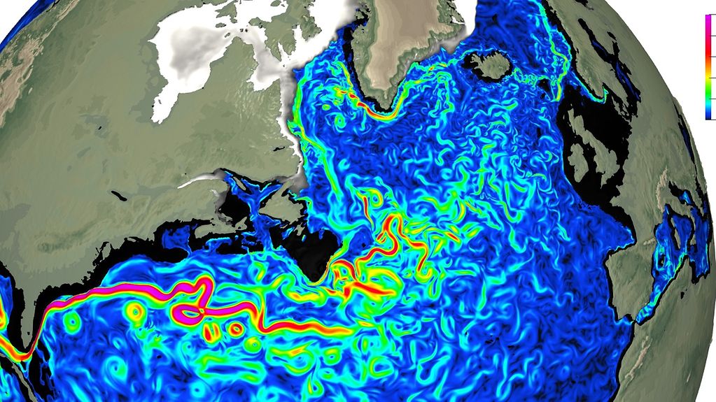 Darstellung von Oberflächenströmungen in einem hochauflösenden Modell des Atlantiks 