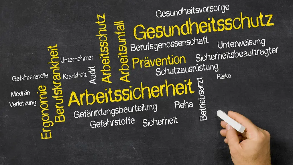 Das Bild zeigt viele verschiedene Wörter zum Thema Arbeitsschutz auf einer Tafel und am unteren linken Rand eine Hand, die ein Stück Kreide hält.
